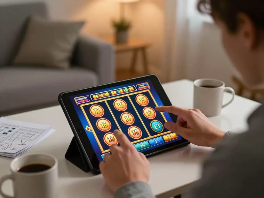 Engaging with a situs slot bet 200 online game on a tablet in a cozy home setting, showcasing strategic gameplay.