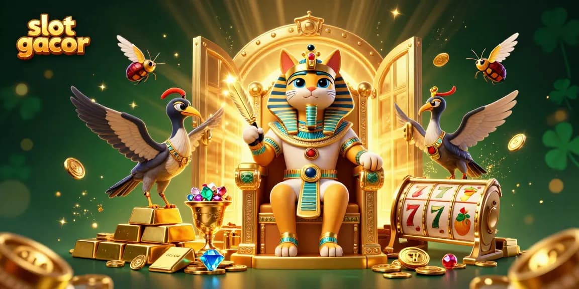 Experience slot gacor with an Egyptian pharaoh cat surrounded by treasure and dynamic slot reels.