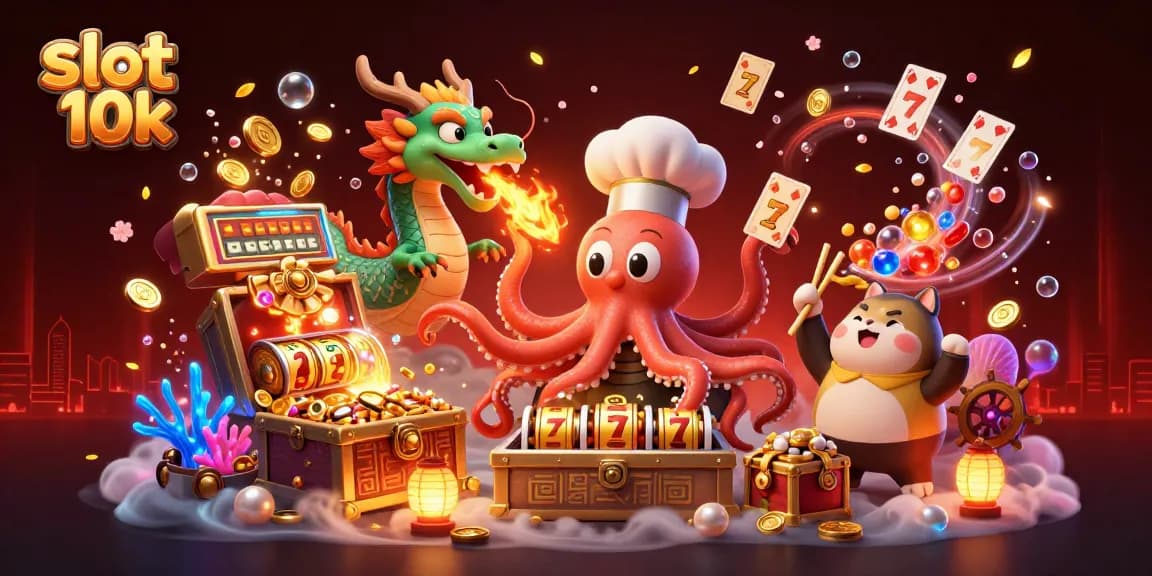 Experience the excitement of slot 10k with a vibrant scene featuring an octopus chef and dragon celebrating wins.