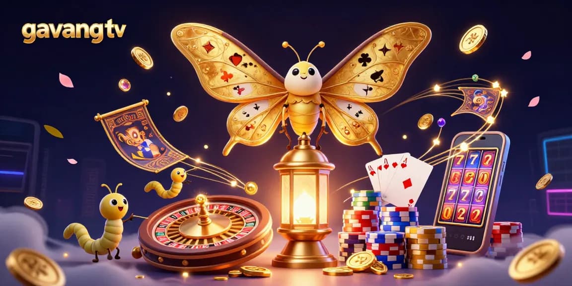 Engage with gavang tv's immersive casino scene featuring a golden moth amidst vibrant gaming elements.