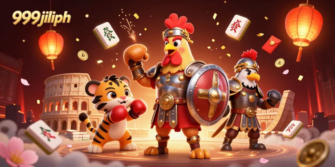 Engage with 999jiliph's thrilling arena scene featuring a gladiator rooster and interactive gaming elements.