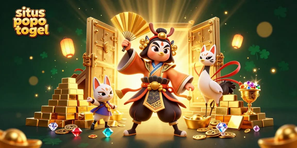 Situs popo togel highlights an immersive scene with kabuki warrior and jackpot treasures, creating excitement in online gaming.