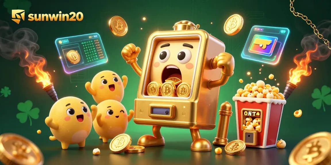Experience exciting wins with sunwin20 in a vibrant casino-themed 3D illustration featuring animated slot machines.