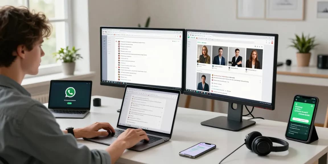 Workspace with young professional using WhatsApp電腦版 app on laptop, dual monitors showing chat threads, bright and modern setting.
