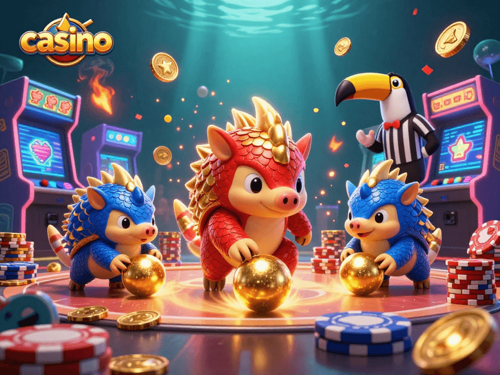 Casino pangolins battle for golden chips in a vibrant, animated gambling scene