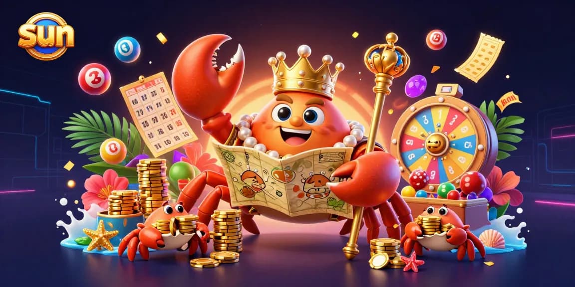 Engage with sun-styled lottery fun featuring a crab emperor amidst vibrant bouncing balls and golden chips.