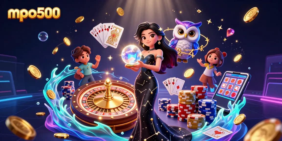 Engage with mpo500's vibrant casino experience featuring a mystical woman, coins, and gaming elements.