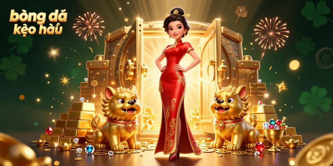Engage in thrilling gameplay with bóng đá kèo nhà cái, showcasing a glamorous Asian woman and lively guardians.