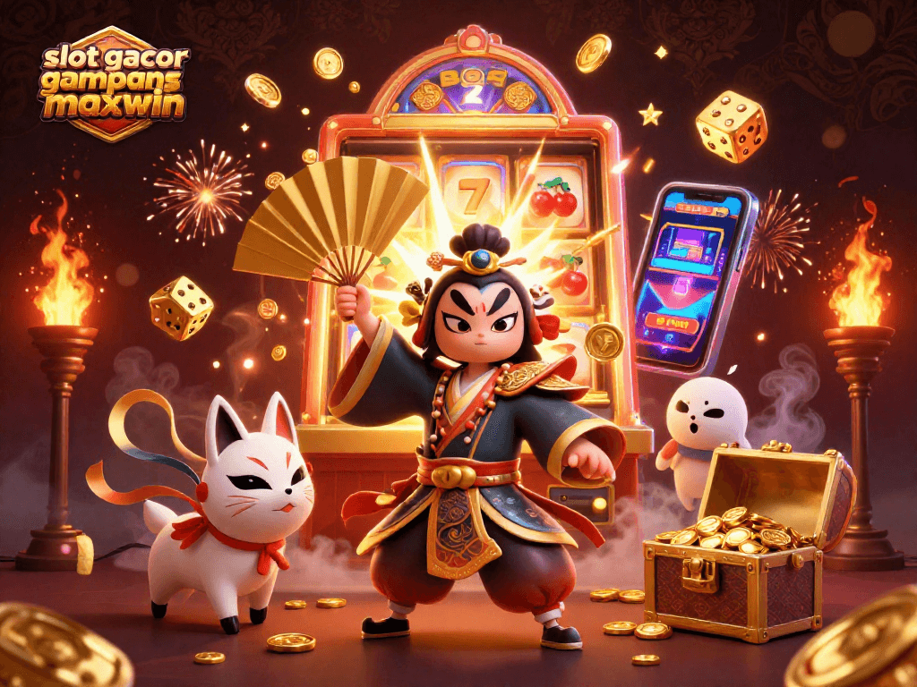 Experience the excitement of slot gacor gampang maxwin with a vibrant 3D illustration showcasing dynamic gaming elements and characters.