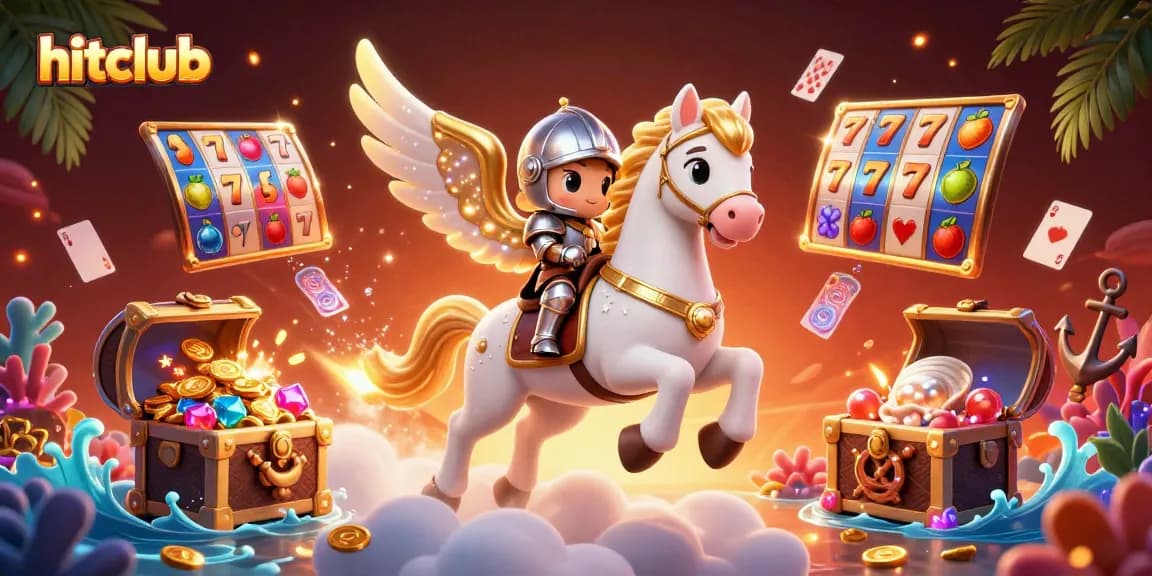 Join the excitement of hitclub with a dazzling 3D scene featuring slot reels amidst treasure and enchanting characters.