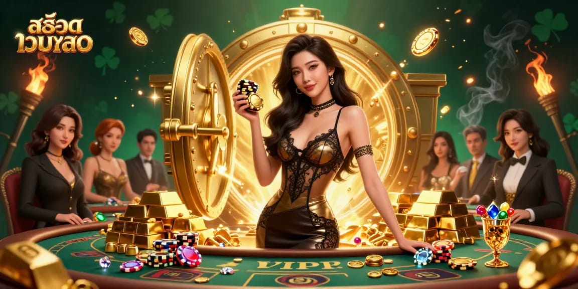 Experience สล็อตเว็บตรง action at a glamorous VIP slots table with gold treasures and high-value chips.