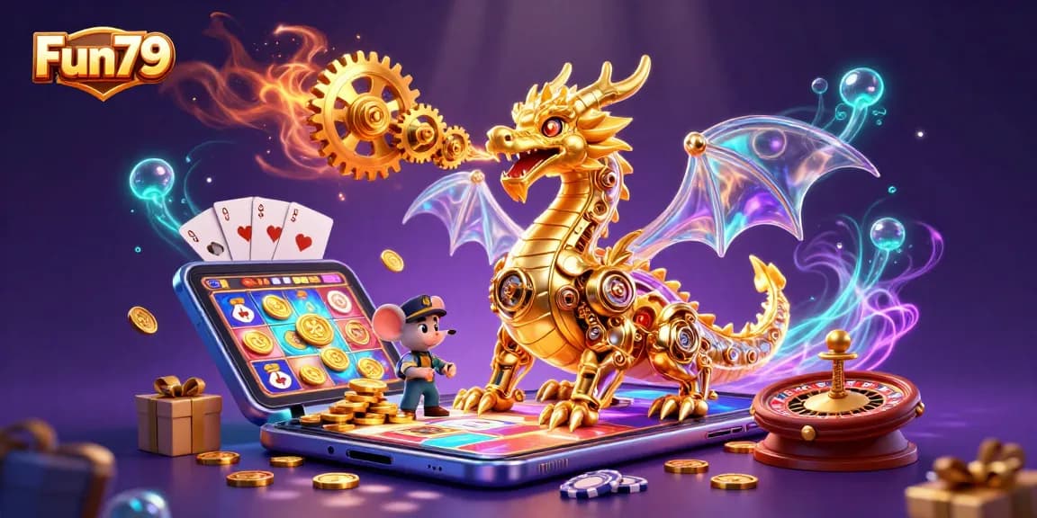 Experience Fun79's thrilling gaming with golden dragon and vibrant casino elements.