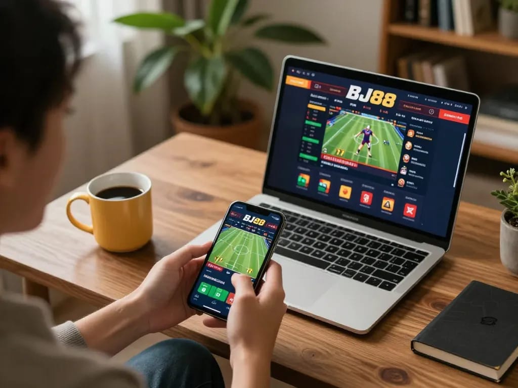 Player engaged in sports betting on BJ88 app in a cozy home setting, showcasing a strategic gaming atmosphere.