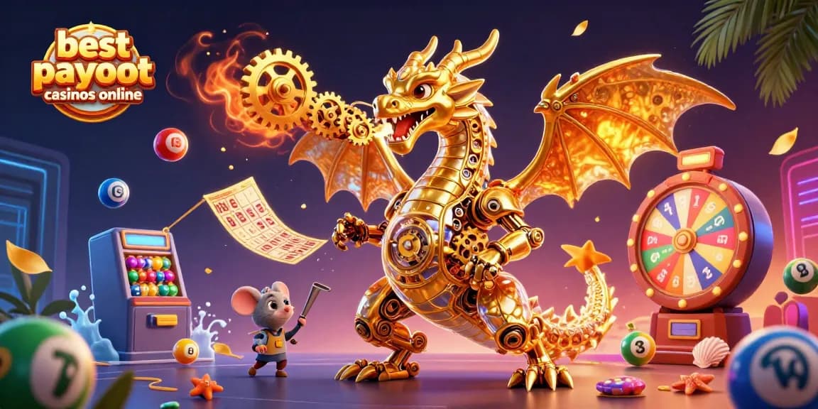 Engaging scene showcasing the best payout casinos online with a golden dragon and vibrant lottery elements
