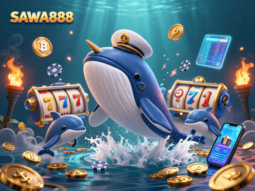Experience the excitement of SAWA888 with vibrant 3D casino elements and captivating characters.