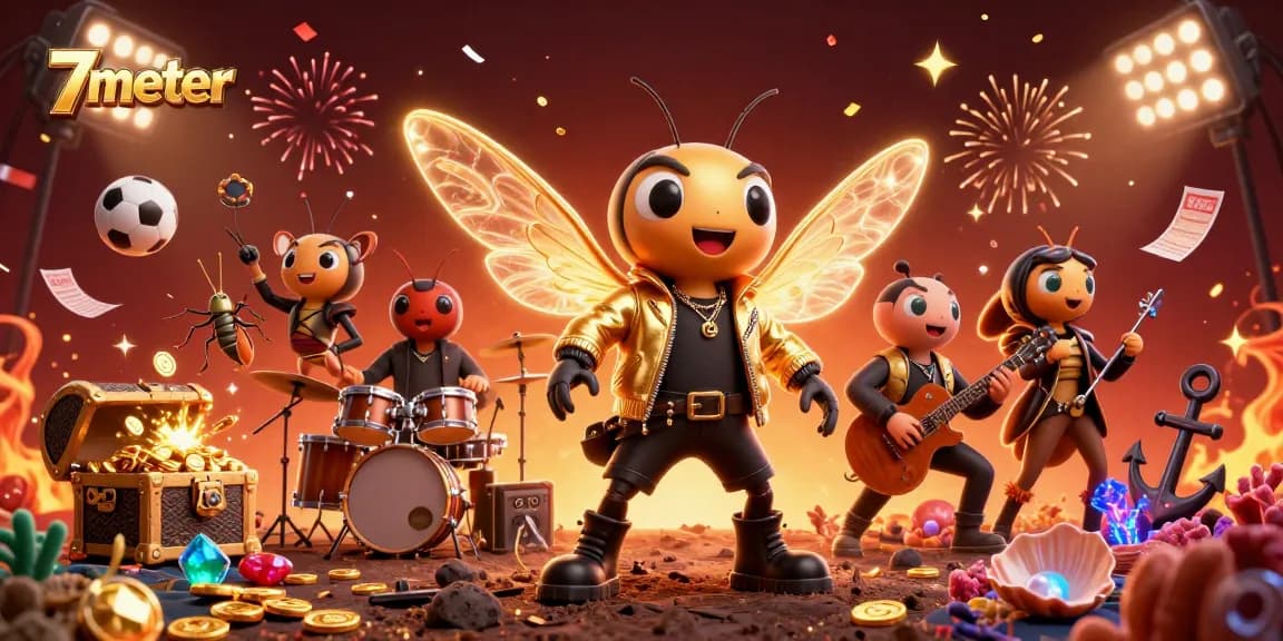 Exciting scene showcasing 7meter sports betting action with a vibrant 3D cicada rock star and betting elements.