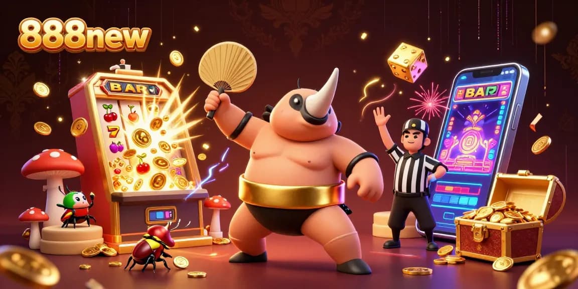 Experience excitement with 888new as the beetle champion unleashes a jackpot of coins in a vibrant casino scene.