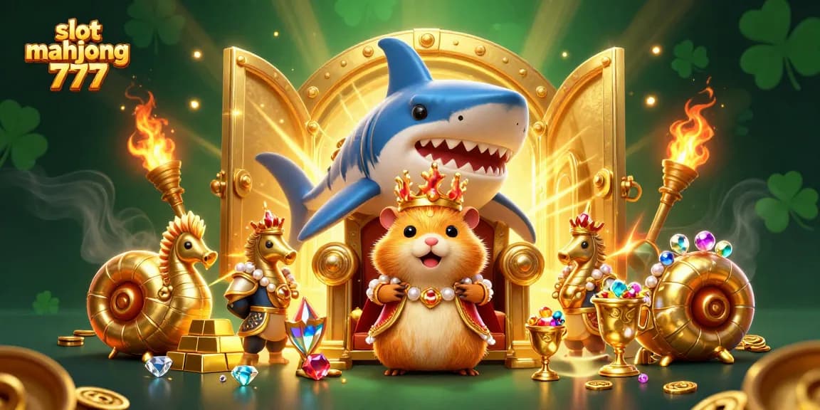 Play slot mahjong 777 with fierce gold hamster king and royal treasures in a vibrant casino scene.