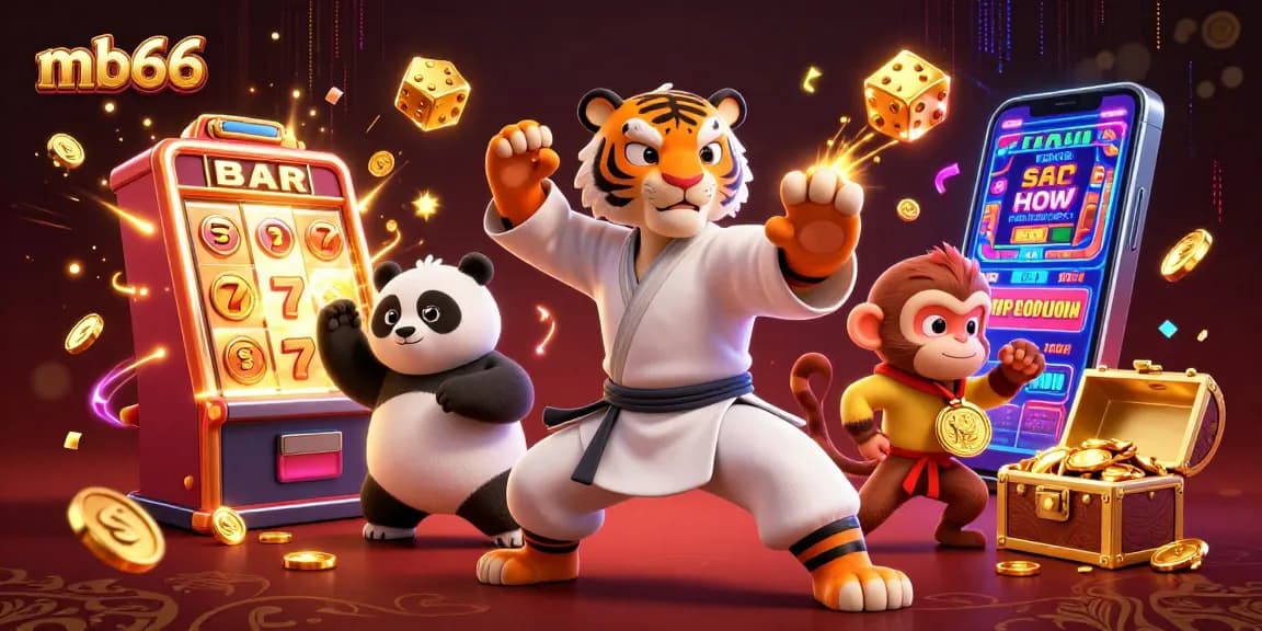 Win big with mb66 as a 3D kung fu tiger and panda celebrate amidst a casino jackpot explosion!