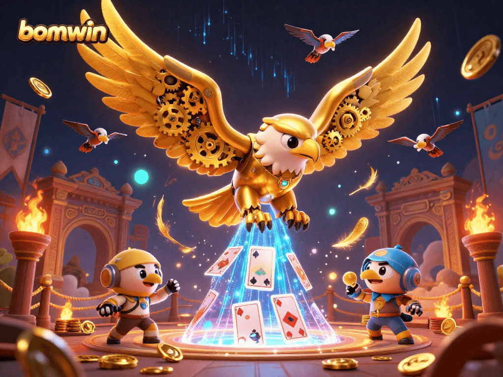 Experience the thrill of bomwin with a cybernetic eagle soaring through holographic playing cards.