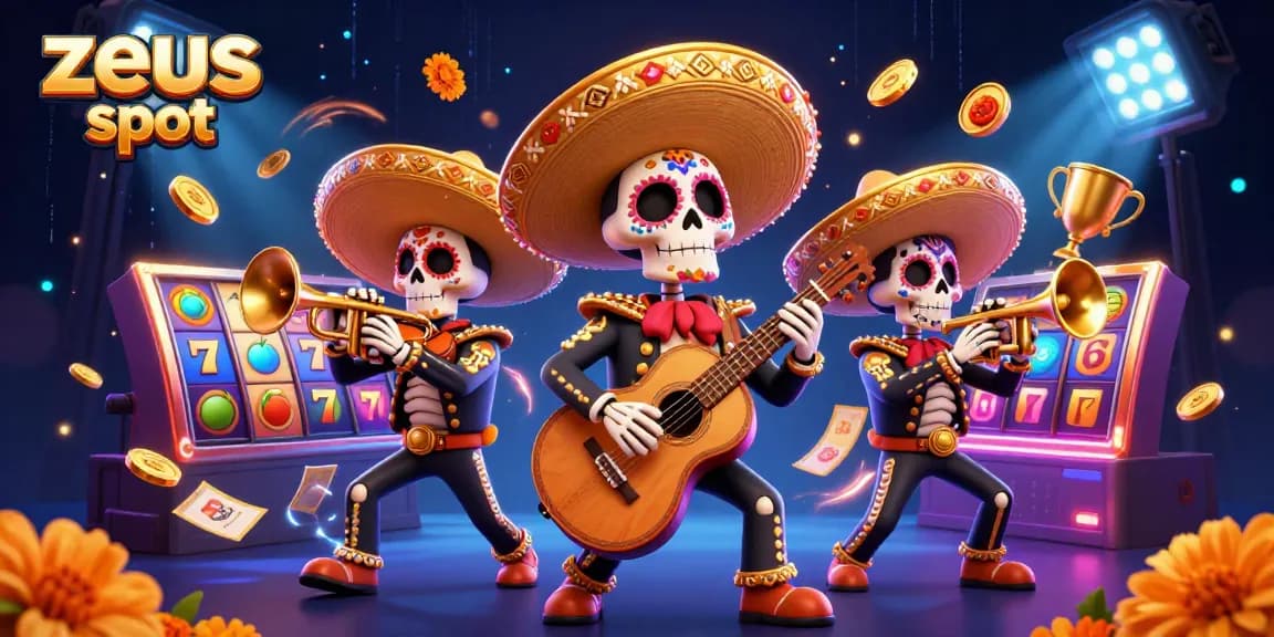 Spin winning rewards with zeus slot in an energetic Day of the Dead-themed casino scene.