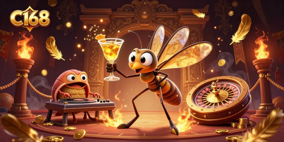 C168 casino mascot coming to life in vibrant 3D, surrounded by golden casino elements.