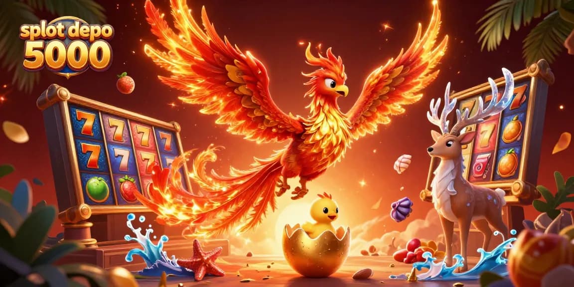 Experience high-energy slot action with slot depo 5000 featuring vibrant symbols and a dynamic phoenix scene.