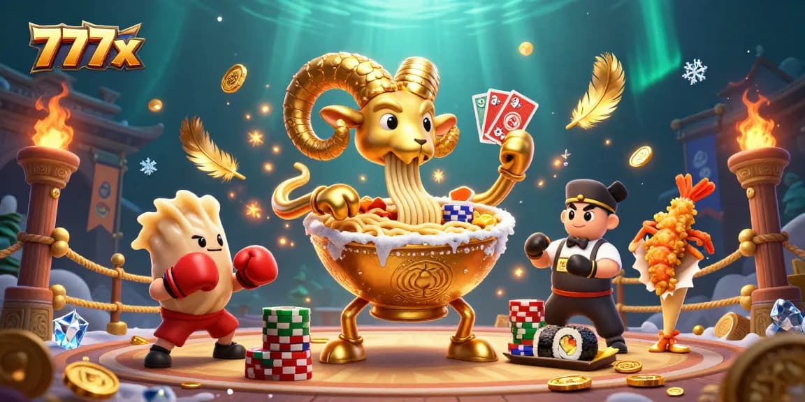 Engage in festive gaming fun with 777x featuring cartoon noodle bowl dealing cards in a vibrant casino scene.