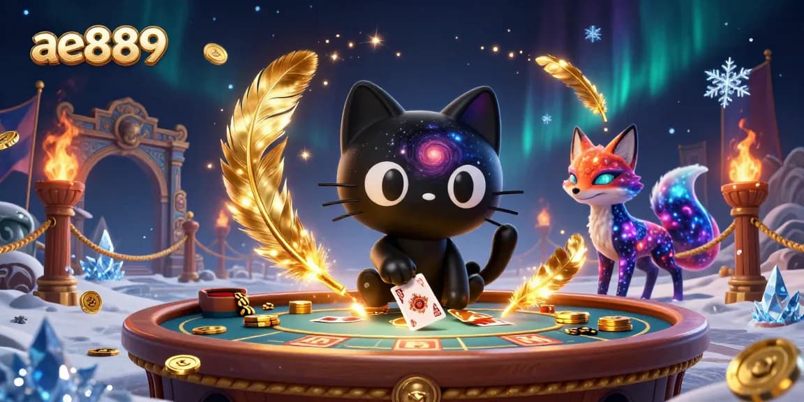 Engage with the captivating ae889 universe as the black hole cat draws in golden chips at a cosmic casino.