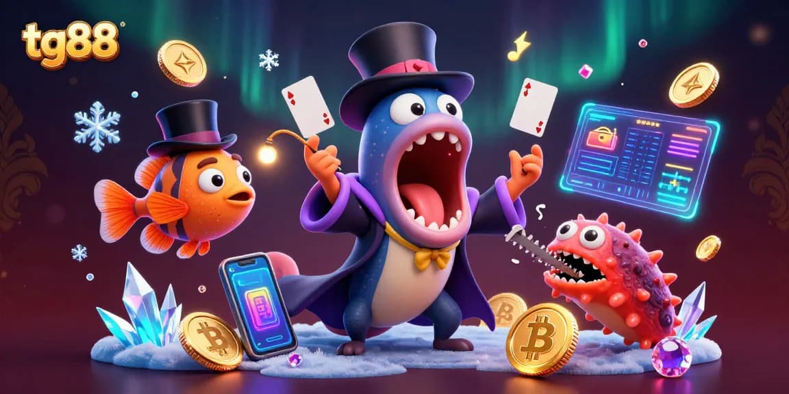 Join the action at tg88 with deep-sea creatures performing magic tricks amidst floating cryptocurrency elements.