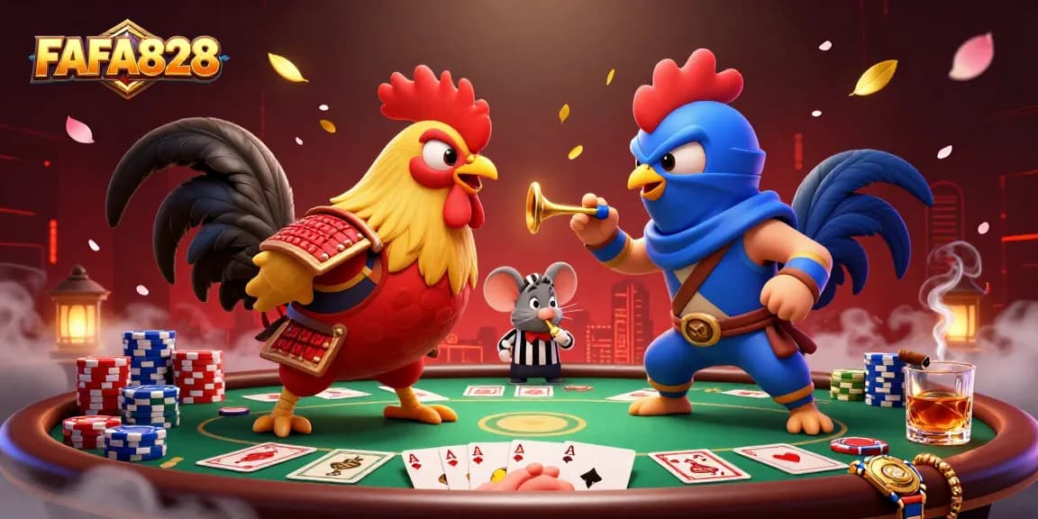 FAFA828 showcases fighting roosters in samurai and ninja styles, surrounded by poker elements.