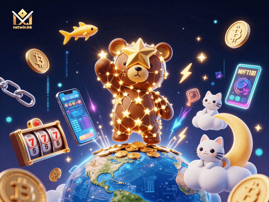 Engage with netwin ink fantasy where a constellation bear collects coins in a vibrant online casino.