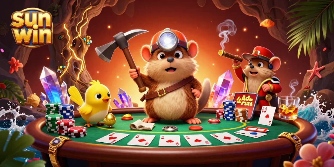 Engage with sun win's immersive poker experience in a vibrant, cartoon-style casino scene.