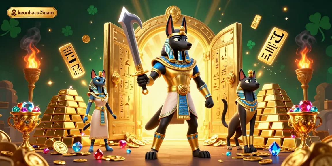 Experience thrilling bets with keonhacai5nam, showcasing ancient Egyptian warriors amid treasure and gambling elements.