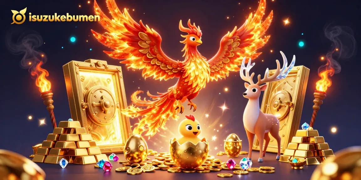 Experience isuzukebumen's magical world with a phoenix soaring over treasure in a dynamic casino scene.