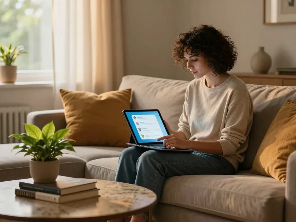 Engaging scene of a person enjoying ai nsfw chatbot conversation in a stylish living room, showcasing modern decor and a warm atmosphere.