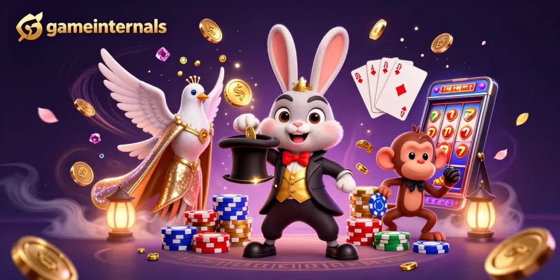 Gameinternals showcases a vibrant casino scene with a magician rabbit and poker chips reflecting winning moments.