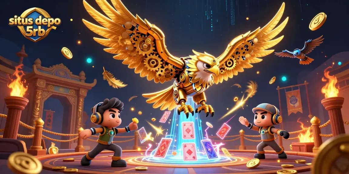 Enhance your gaming experience with situs depo 5rb in a vibrant casino illustration featuring dynamic characters and symbols.