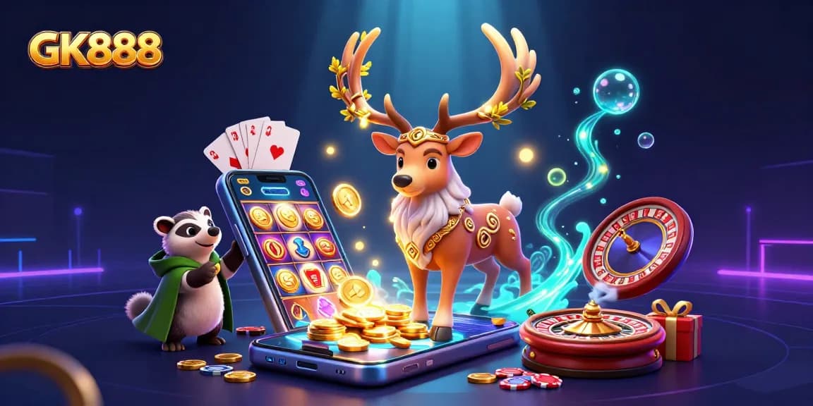 Engage with GK888's vibrant 3D casino scene featuring druid-styled characters and dynamic gambling elements.