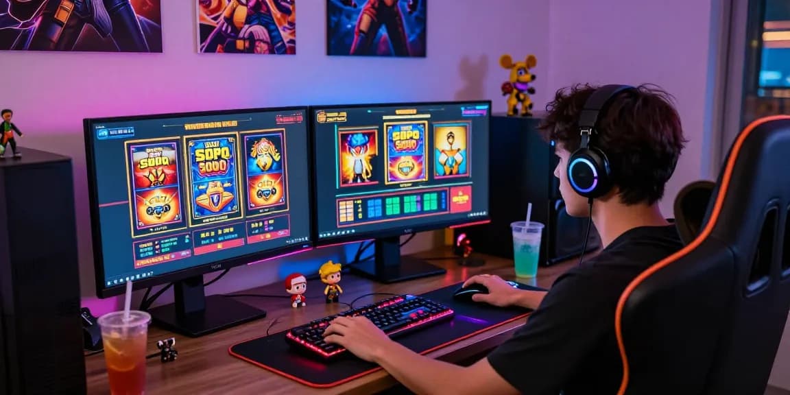 Engaging player immersed in slot depo 5000 gaming experience with colorful displays and gaming setup.