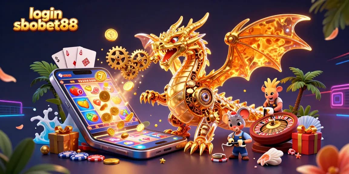 Login sbobet88 showcases a golden dragon amidst vibrant slot game elements and a roulette wheel.