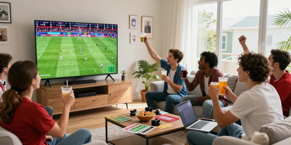 Engaging sports betting scene with friends cheering for 2026 World Cup matches, showcasing excitement and 更多資訊 on betting strategies.