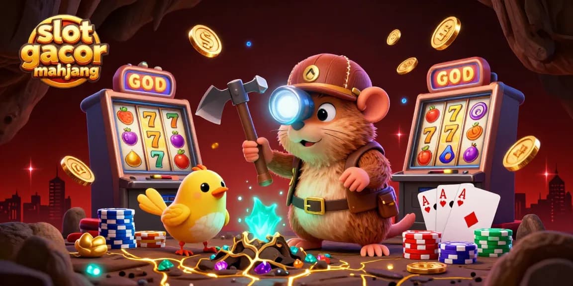 Experience thrilling wins with slot gacor mahjong as a mole mines for treasures in a vibrant casino scene.
