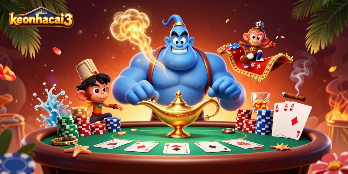 Experience thrilling moments with keonhacai3, where a blue genie and monkey enhance the high-stakes poker atmosphere.