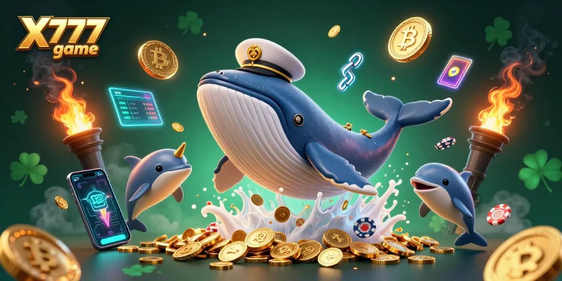Experience the thrilling X777 game with vibrant whales, crypto elements, and playful dolphins.