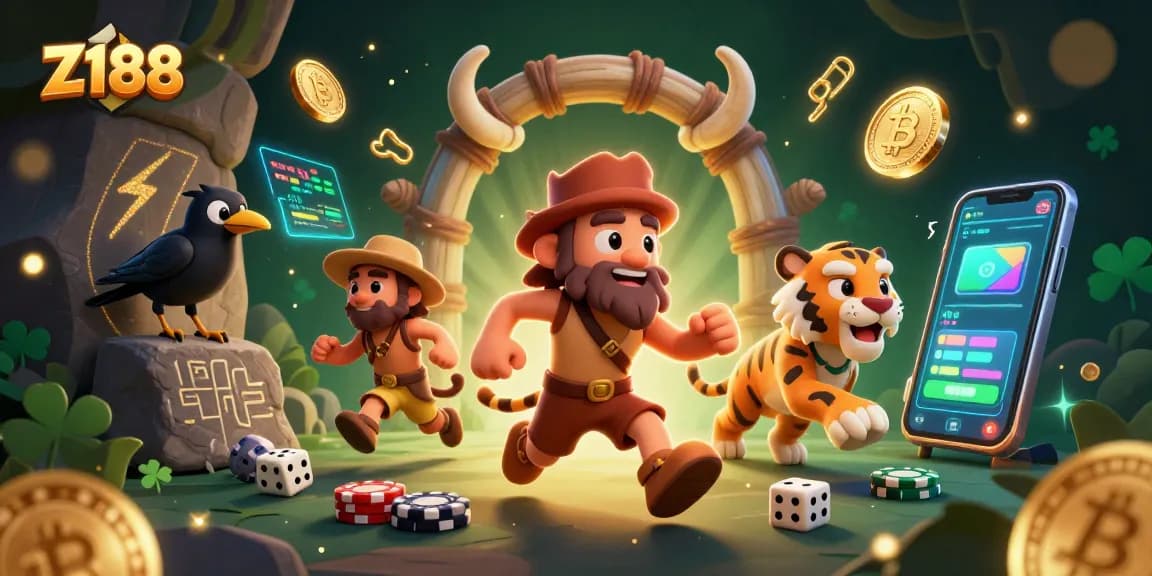 Experience the thrill of Z188 with a vibrant prehistoric casino scene featuring a caveman and sabertooth tiger.