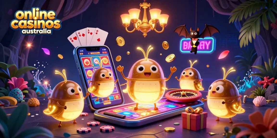 Engage with online casinos Australia, featuring glowworms lighting a vibrant cave casino scene.