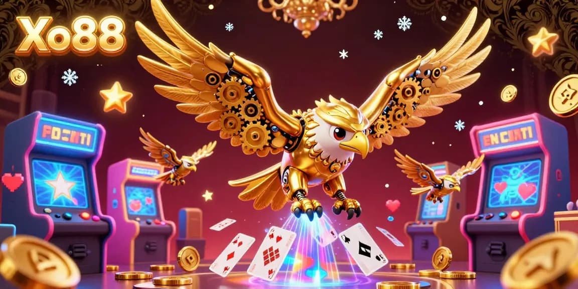 Xo88 elevates casino gaming with stunning 3D cybernetic eagle amid dynamic arcade delights.
