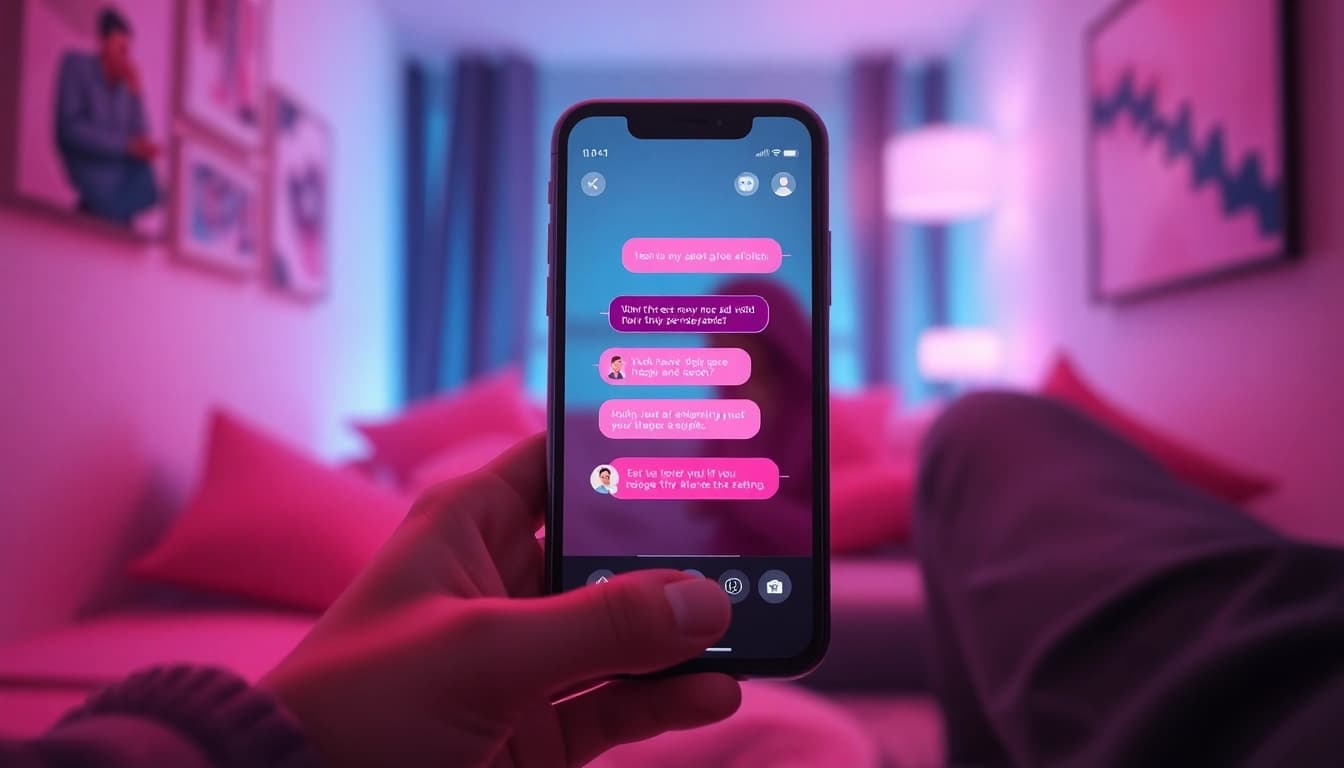 AI sex chat interface on a smartphone in a cozy setting, symbolizing digital romance.