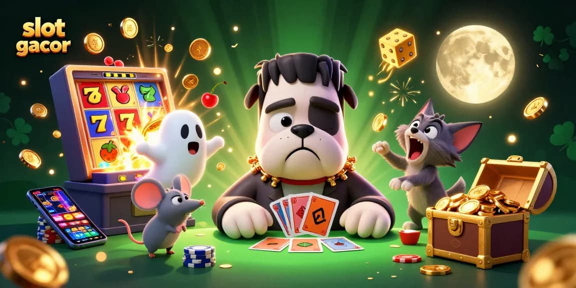 Engage in thrilling slot gacor gameplay with a dynamic 3D cartoon casino scene featuring a Frankenstein bulldog dealer, ghost mouse, and a werewolf kitten.
